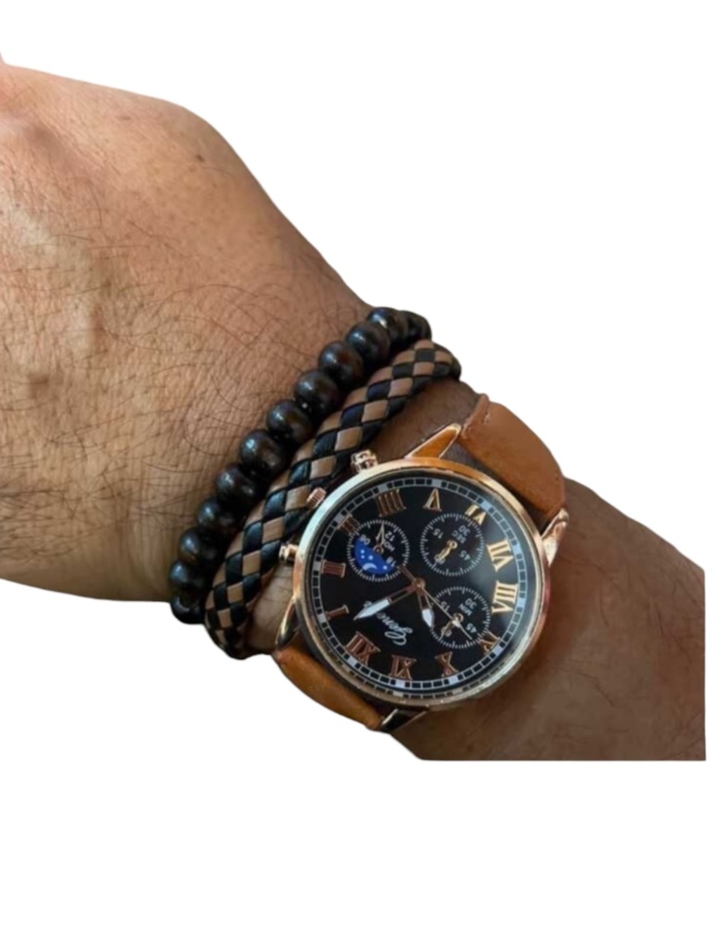 Men Round Pointer Quartz Watch & 3pcs Bracelet beautiful new brown - Picture 2 of 16